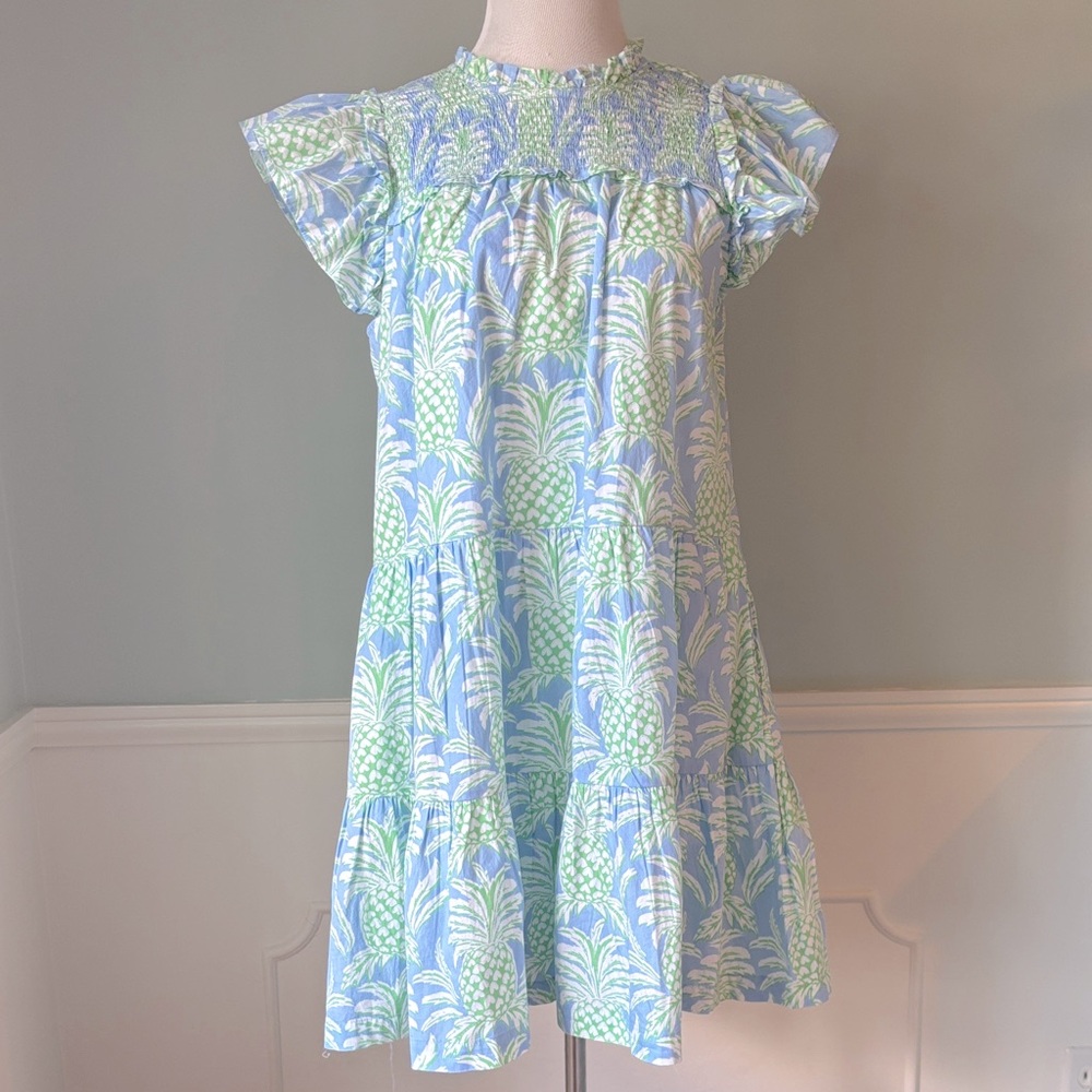 Crown & Ivy Blue and Green Pineapple & Hearts Smocked Dress